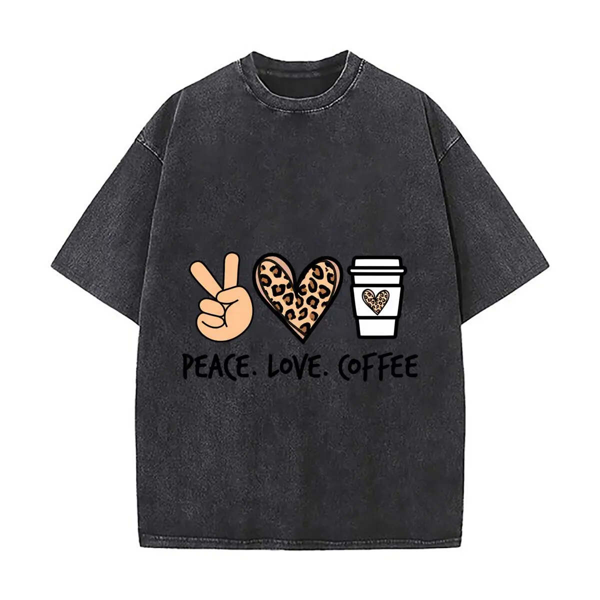 Peace Love Coffee Leopard Print Heart Peace Sign Graphic Distressed Vintage Oversized Streetwear Tops for Coffee Dates