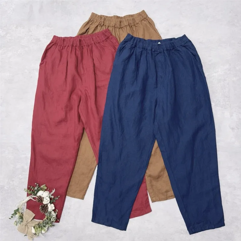 

Johnature Casual Summer New Japanese Linen Elasticated Waistband Harem Pants Solid Color Simple Comfortable Women Cropped Pants