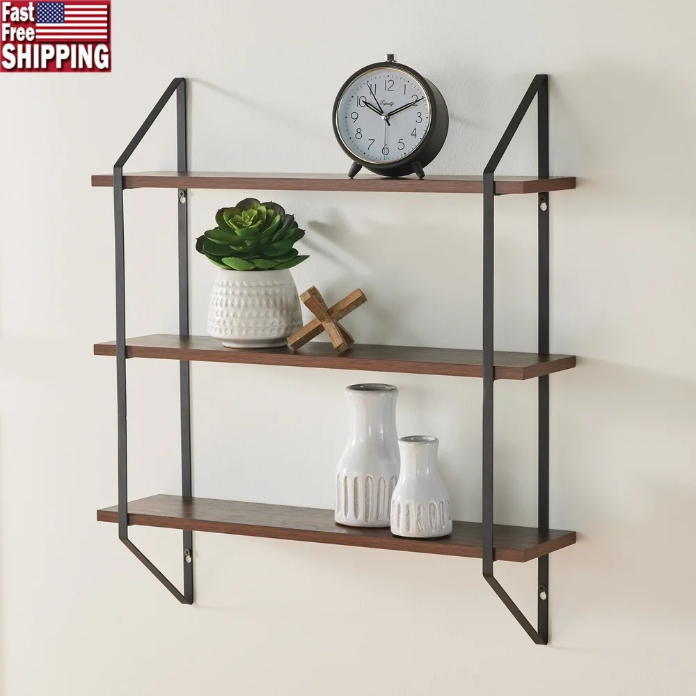 

3-х уровневая настенная полка с отделкой из орехового дерева с черными металлическими кронштейнами. Прочная конструкция из МДФ. В комплект входит легко подвесное оборудование.