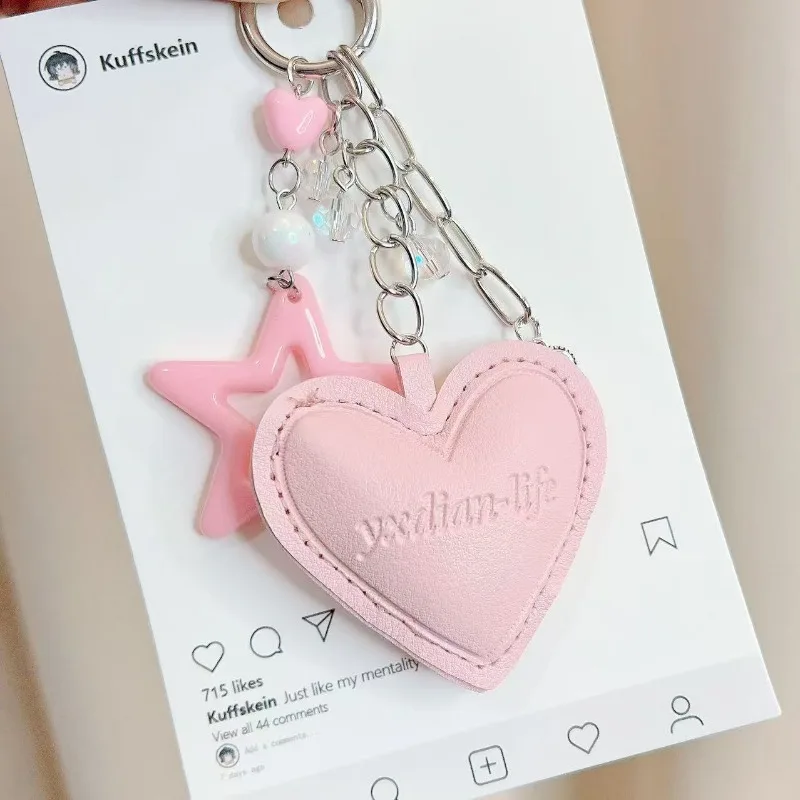 Pink Love Heart Leather Keychain Car Key Ring with Lanyard Multifunctional Bag Charm Phone Strap Hanging Pendant for Women