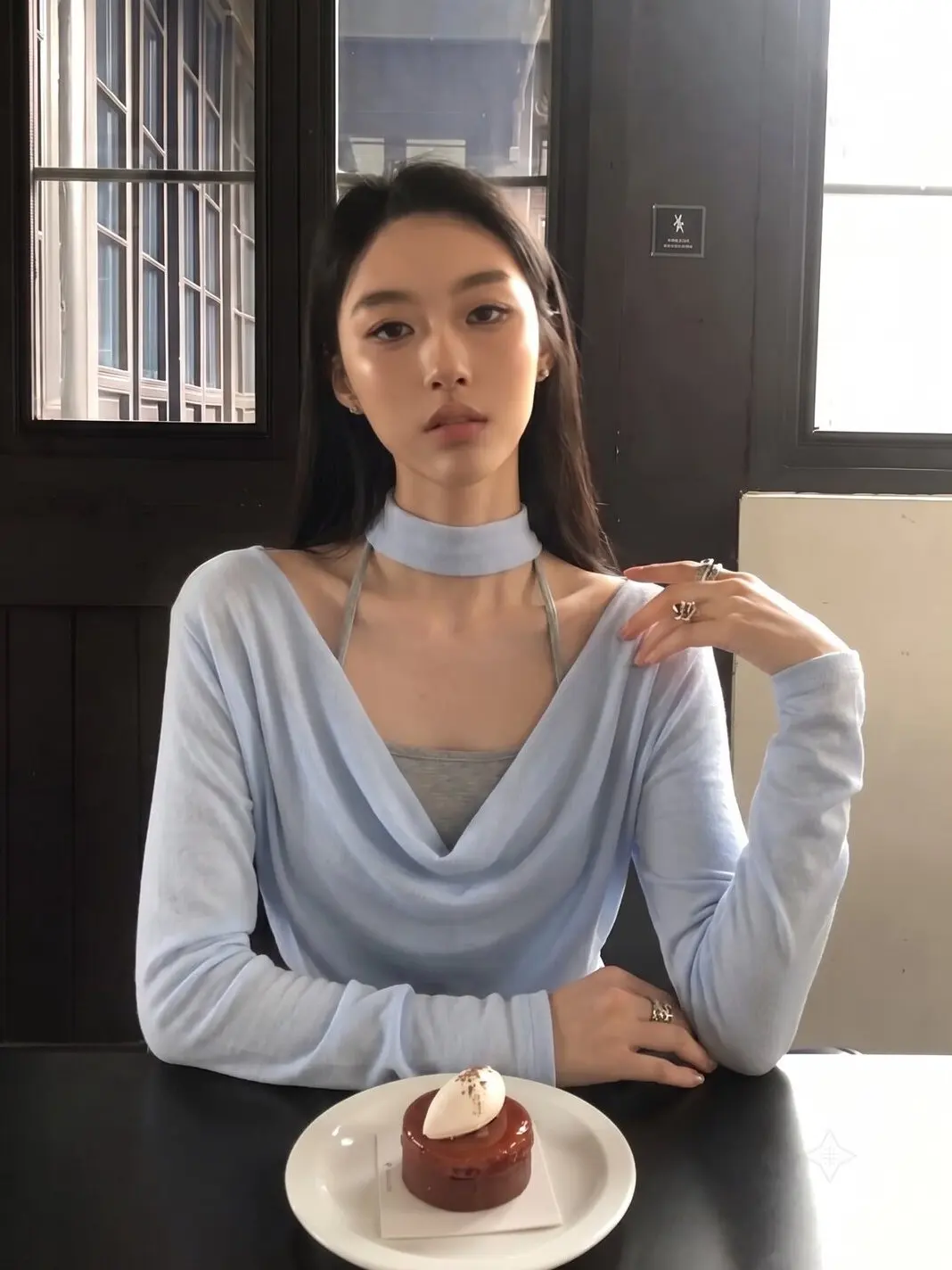 Blue Long Sleeve T-Shirt Women's V-Neck Hanging Neck Strap Top Waist Cinched Short Style Two-Piece Set Casual Fashion Autumn ...
