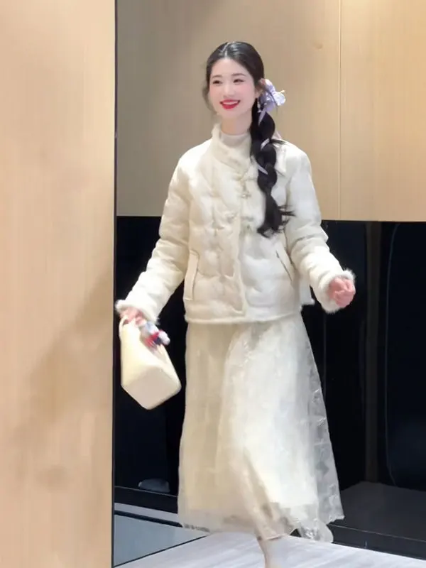 

Ele Cotton Jaet Women's Sli Unique Gentle Sle Beautiful Coat Winter Faion Retro Embroidery Long Sve Stand Co...