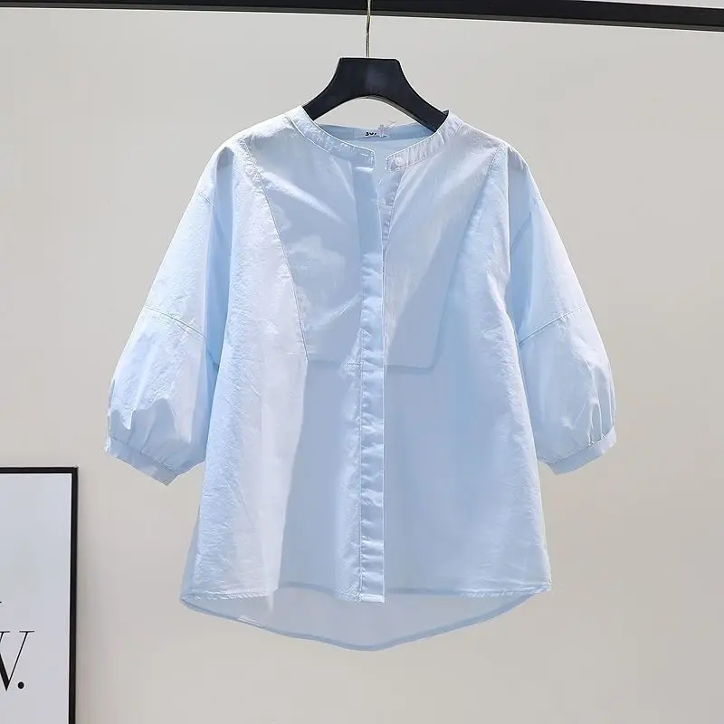 Summer Women\'s 2024 New Patchwork O-Neck Button Fashion Solid Simple Bright Line Decoration Loose Short Sleeve Blouses Shirts