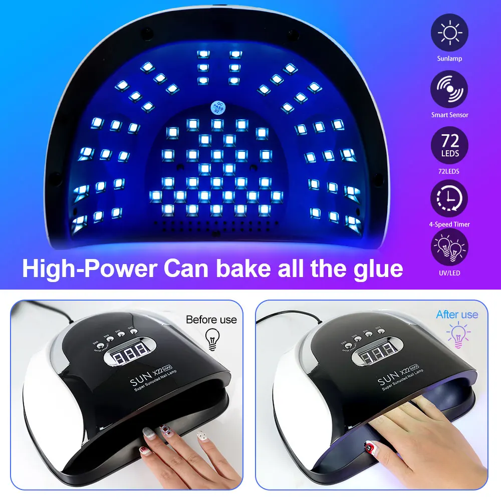 Lampada professionale per asciuga unghie 72 LED Luce per unghie ad asciugatura rapida per manicure Gel acrilico con sensore automatico Strumenti per lampada per unghie UV/LED