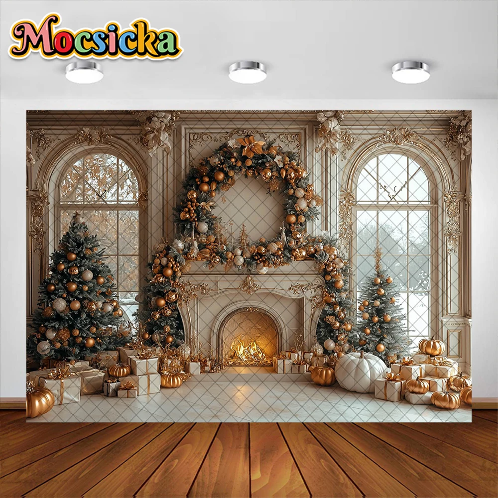Зимний Рождественский фон для фотосъемки Рождественская елка Камин Украшение окна Праздничная вечеринка Портрет Фотостудия Реквизит Баннер