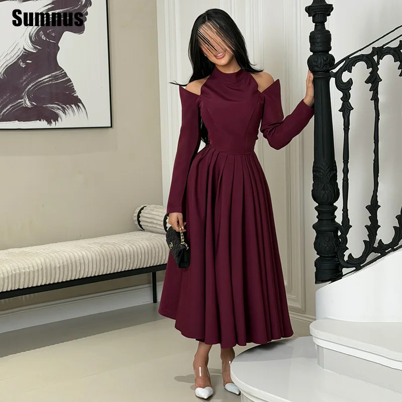 Sumnus Elegant Burgundy A-Line Prom Dresses Halter Pleats Full Sleeves Midi Formal Dresses فساتين سهرة Customized