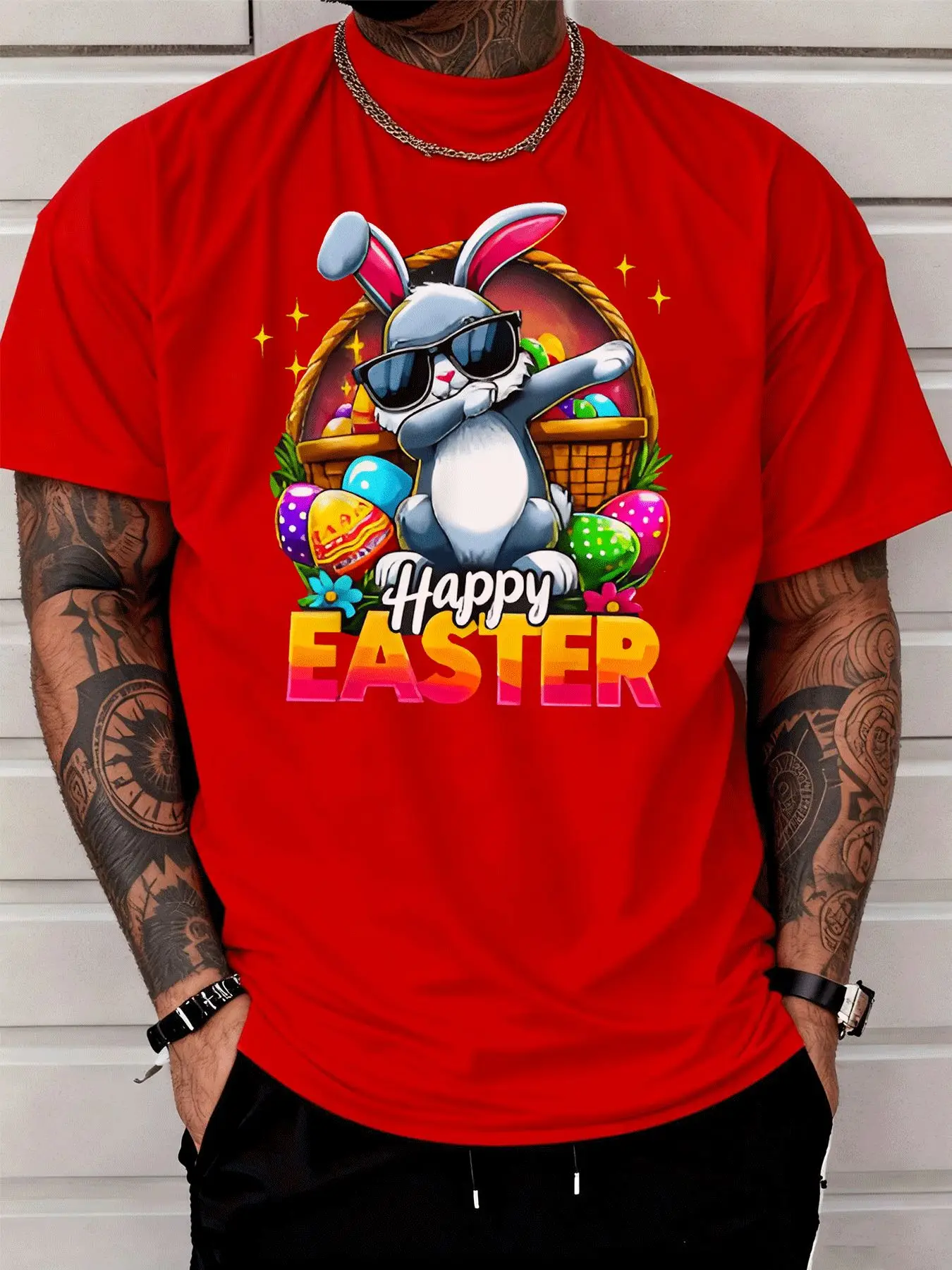 Men's Easter Theme Black Cotton Tee, Cool Bunny with Glasses Eggs Basket Print, Casual Fashion Short Sleeve, Ideal Holiday Gift
