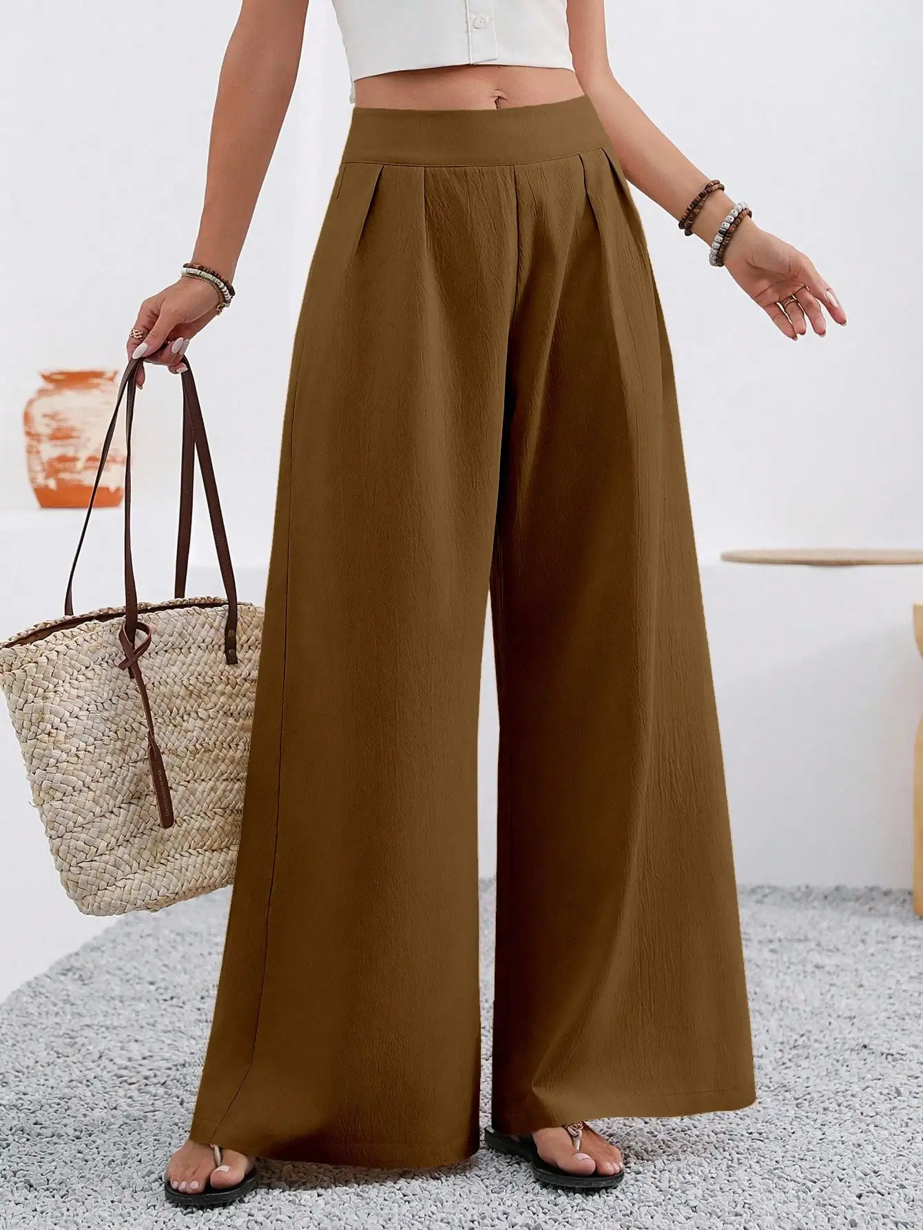 

Женские повседневные однотонные брюки с широкими штанинами, высокой талией, плиссированные, свободного кроя