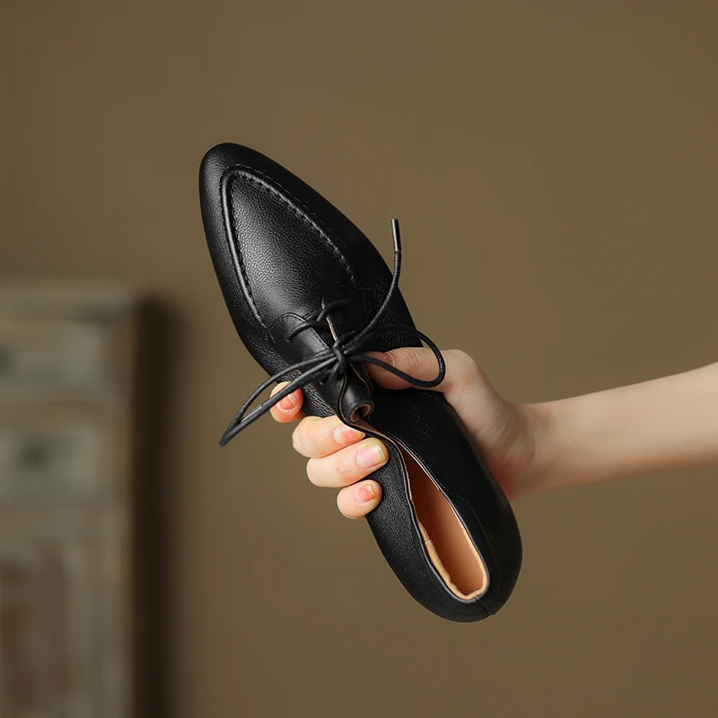 Zapatos de tacón para mujer, mocasines con cordones y punta puntiaguda, de piel de vaca y piel de cerdo, talla grande, 22-26cm, primavera y otoño, 2026