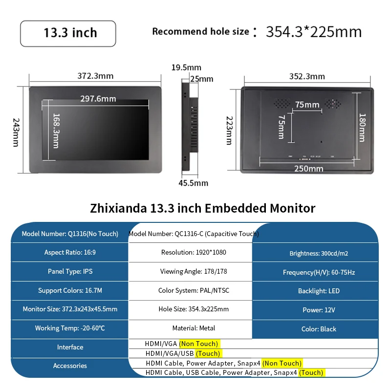 Zhixianda แผงโลหะ13.3นิ้ว1920*1080จอสัมผัส LCD ฝังกับ VGA HDMI อินพุตสำหรับใช้อุปกรณ์อุตสาหกรรม