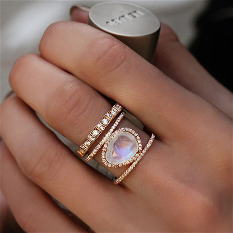 European and American Hot Moonstone Geometric Ring for Women 2024 New Stainless Steel Crystal Ring for Girls Jewelry Accessories