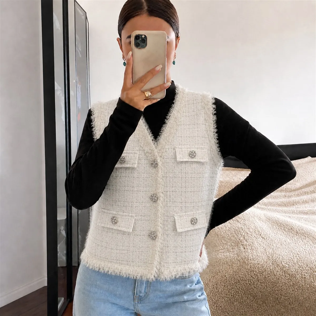 French Chic  Tweed Vest V Neck Sleeveless Waistcoat Women  Button Down Frayed Trim Pocket Vest Jacket 2026 Vintage Layering Top