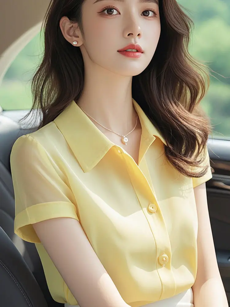 New French Style Blouse in Yellow Chiffon with Short Sleeves for Women's Summer Wear