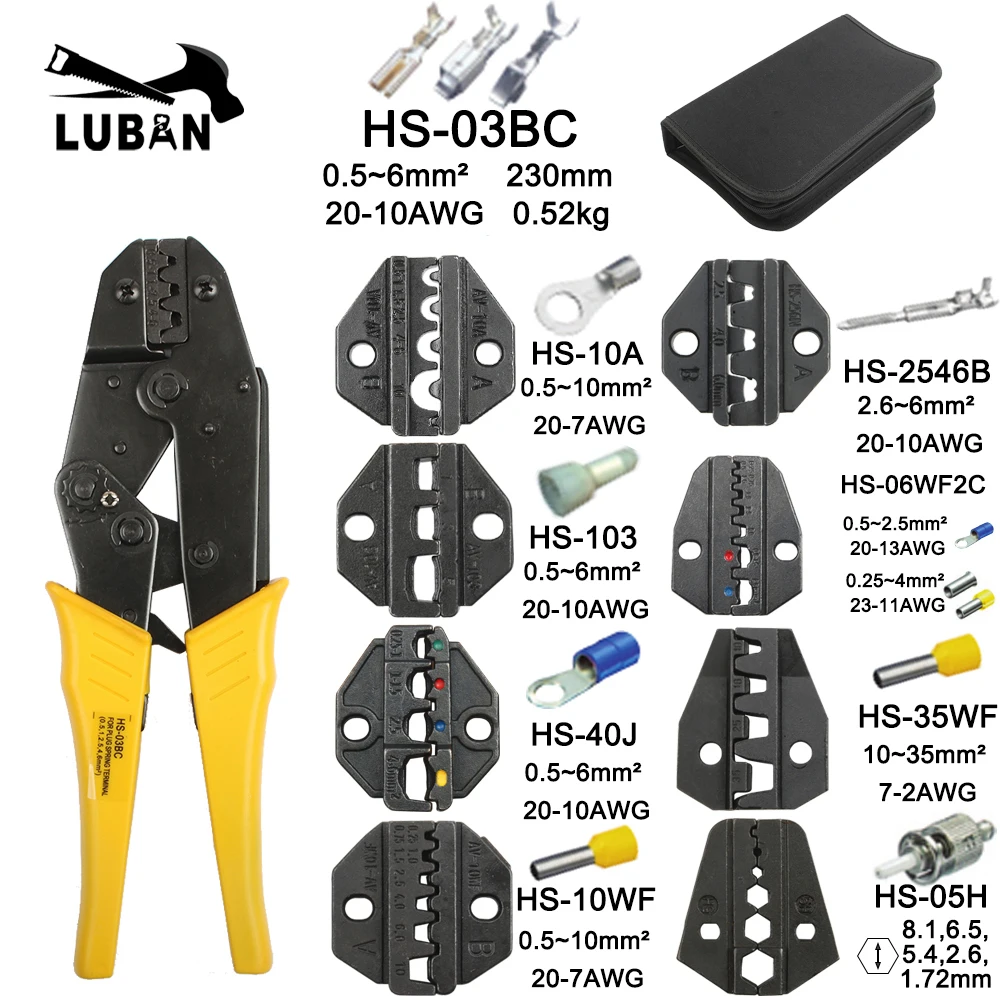 Crimping pliers HS-03BC 8 jaw for plug tube insulation no insulation crimping cap coaxial cable terminals kit 230mm clamp tools