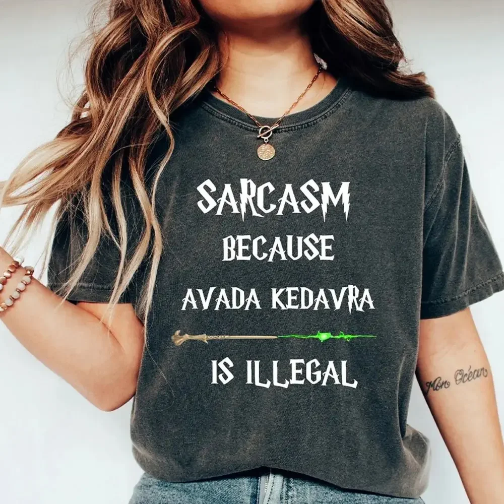 Camisa Retro con varita mágica, sarcasmo, porque Avada Kedavra es ilegal, camiseta escolar Unisex, Camisa de algodón, ropa de fantasía, Top Y2K