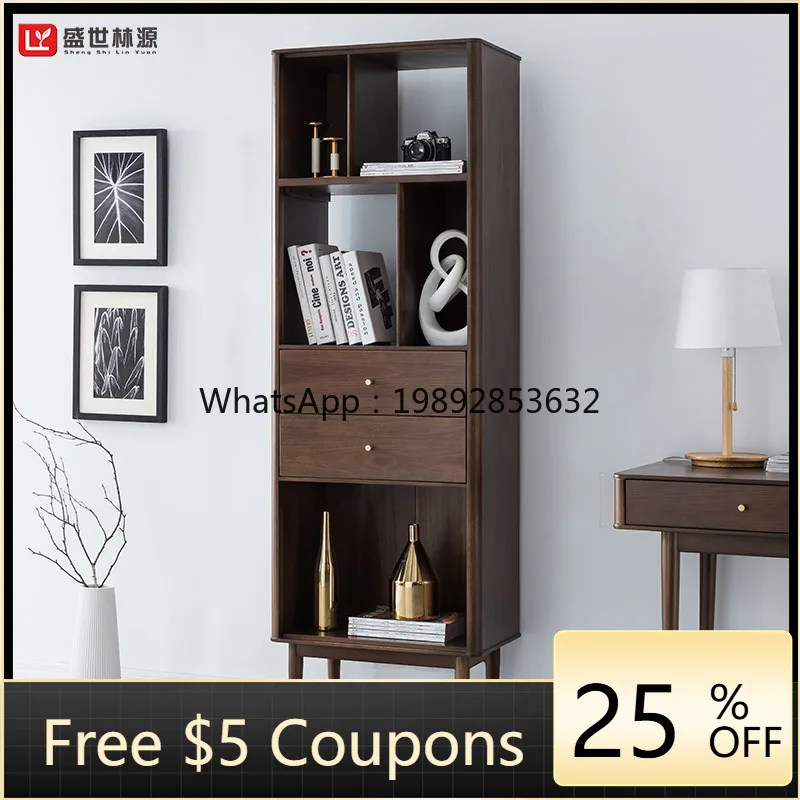 YFY Solid Wood Bookshelf Walnut Storage Rack Nordic Modern Simple Light Luxury Bookcase Display Cabinet