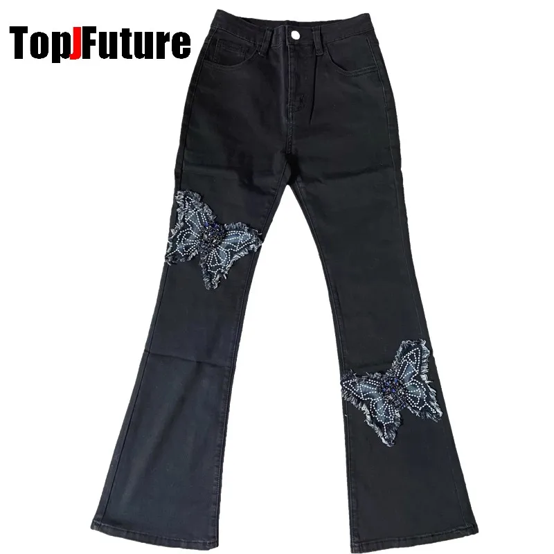 Long pants skeleton butterfly rhinestone 3D embroidery patch fabric micro flared jeans high waist slimming Y2K millennial girl