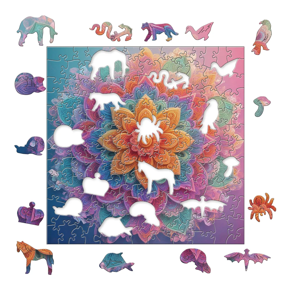 Mandala-Blumen-Holzpuzzle – Party-Unterhaltung und Stressabbau-Spiel für Entspannung und Spaß