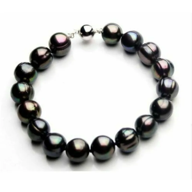 Huge AAA 12-11mm Tahitian Black Green Baroque Women's Pearl Bracelet 8 "14K White Gold -