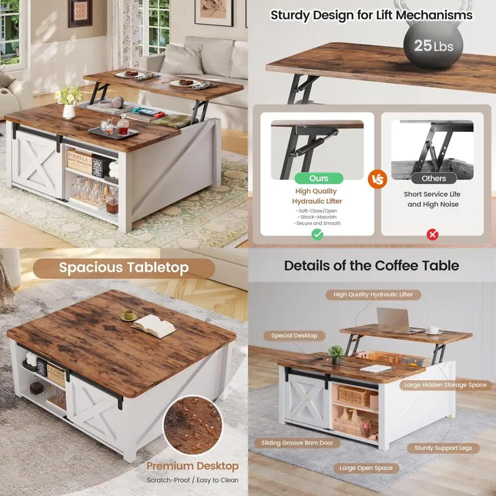 

Farmhouse Style Square Lift Top Coffee Table with Storage for Living Room, Large Hidden Space Square Coffee Table