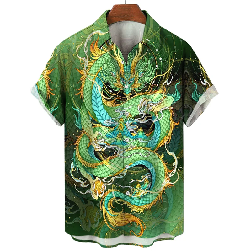 Men\'s Anime Hawaiian Shirts 3D Printed Oversized Short Sleeve Dragon Harajuku Fashion Christmas Streetwear Hot Floral Casual