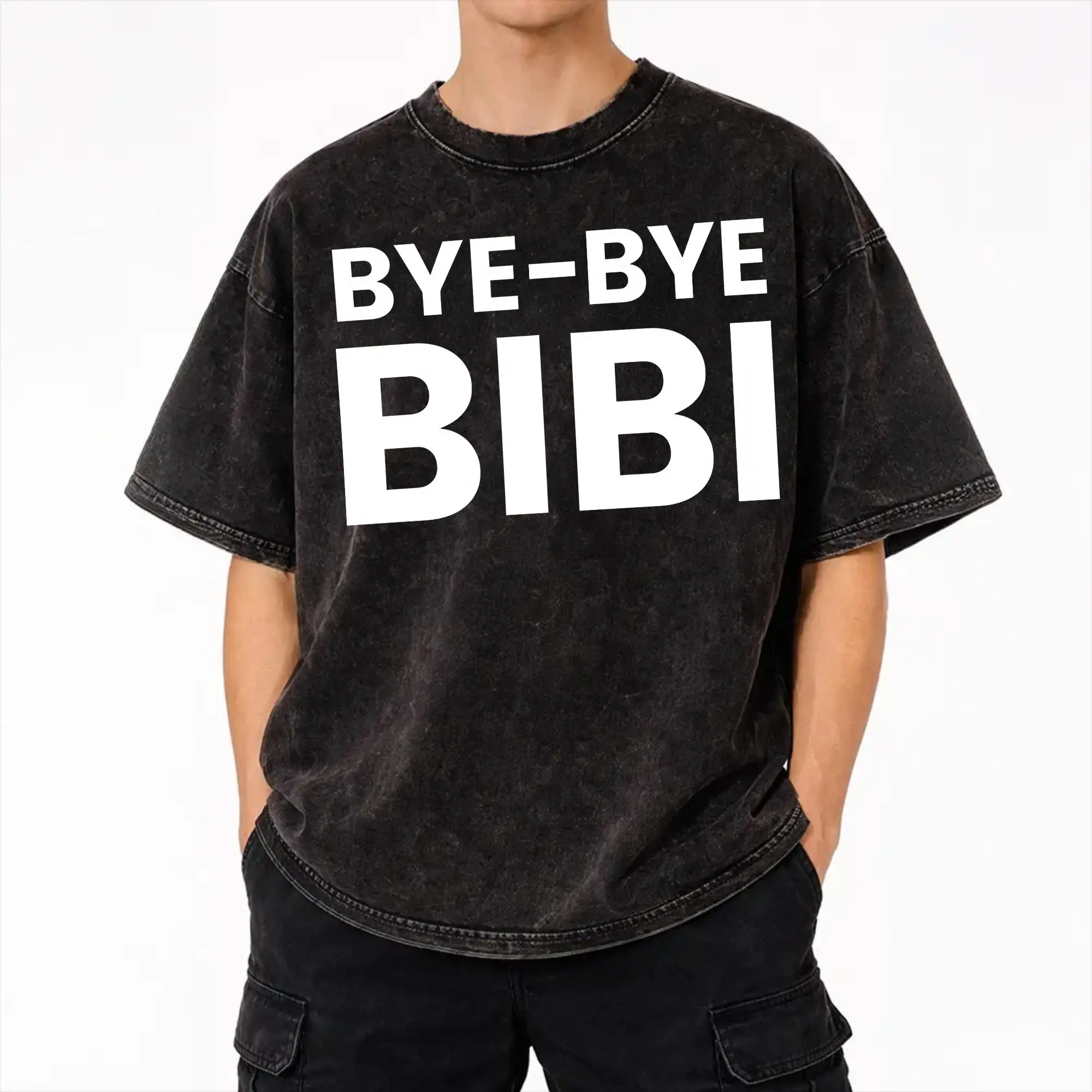 BYE-BYE BIBI Benjamin Netanyahu Leaves Office  Outfit Washed T Shirt for Men Women Streetwear Hip Hop T-Shirt Summer  Tee Shirt
