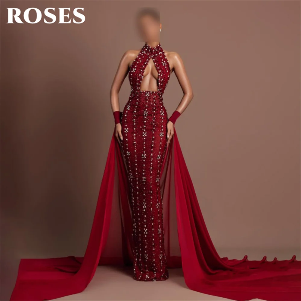 ROSES Red Evening Gown Halter Neck Sleeveless Prom Dress Glitter Sequin Cut Out Wedding Evening Dress robes de soirée Customized