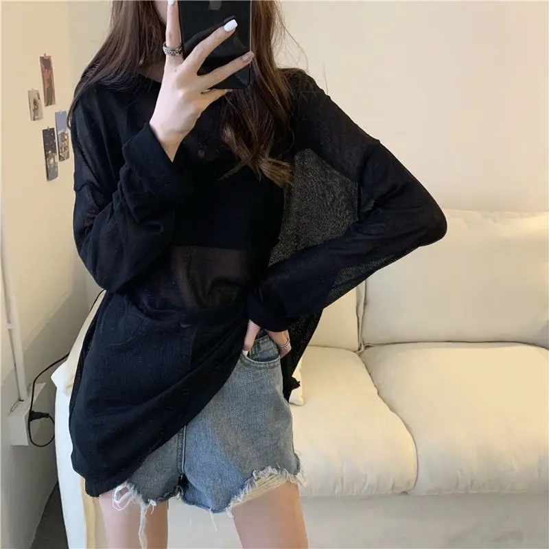 Ice Silk Summer New Loose Korean Simplicity T Shirts Long Sleeve Solid Color Street Casual Tops Tees Sweet Fashion Women Clothes