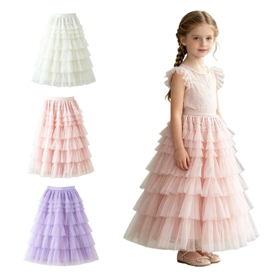 Teen Girls White Tulle Tiered Maxi Skirt Elastic Waist Layered Cake Skirt for Kids Casual Daily Birthday Party Performance Wear