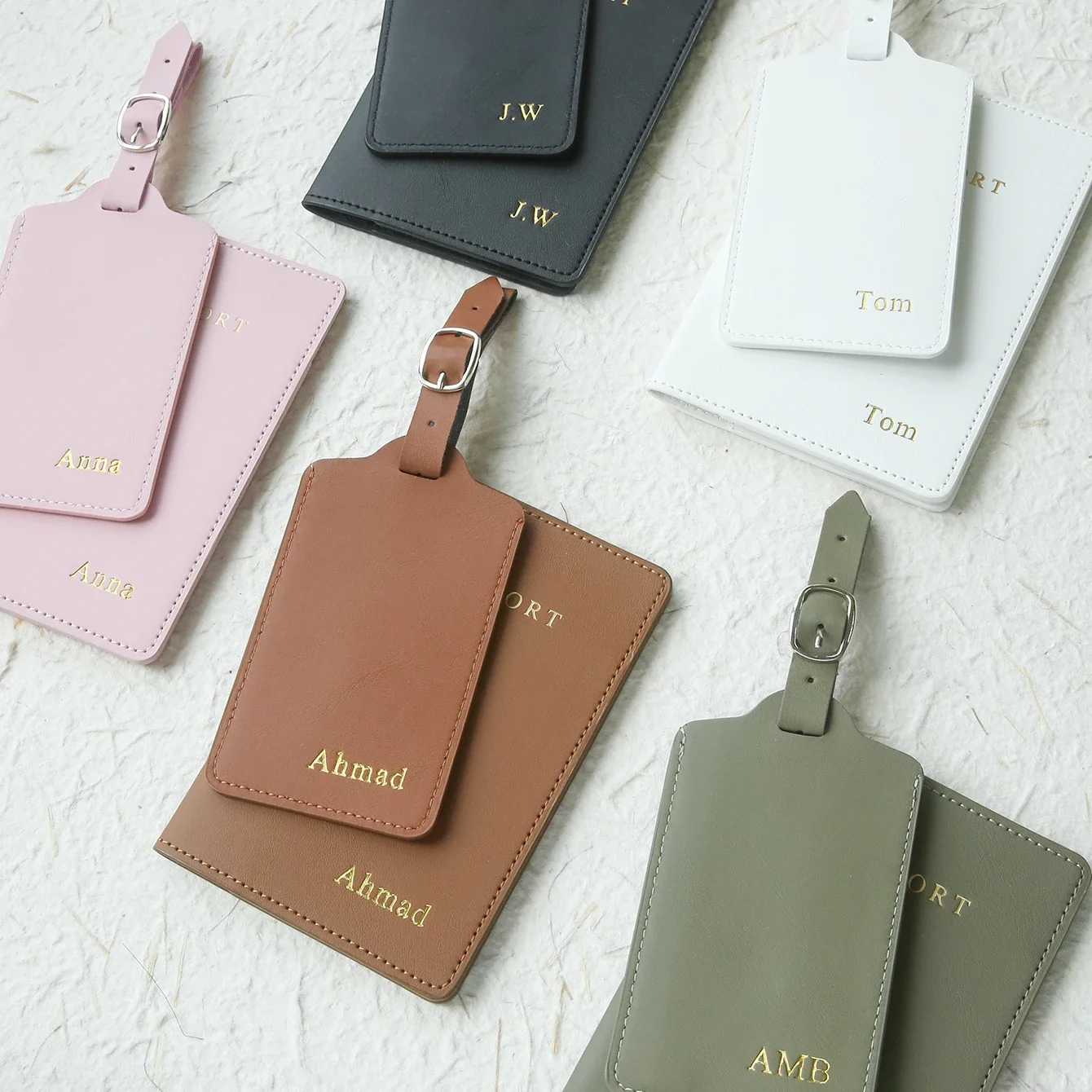 Personalized Custom Dual Initial Airplane Pattern Leather Passport Wallet Matching Luggage Tag Set Travel Suitcase Anti-Lost Tag