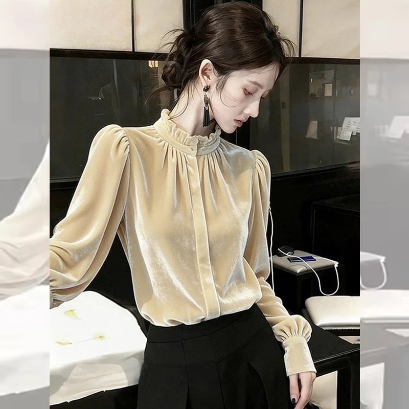 

Женские блузки в китайском стиле, однотонные винтажные рубашки, модная облегающая весенне-осенняя одежда, вельветовые женские топы с длинными рукавами
