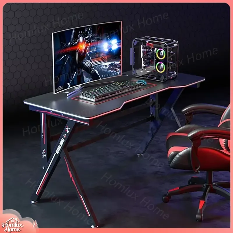 K Shaped Adjustable Gaming Desk with LED RGB Lights Modern Wood and Metal Computer Desk for Home Office PC Gaming Setup