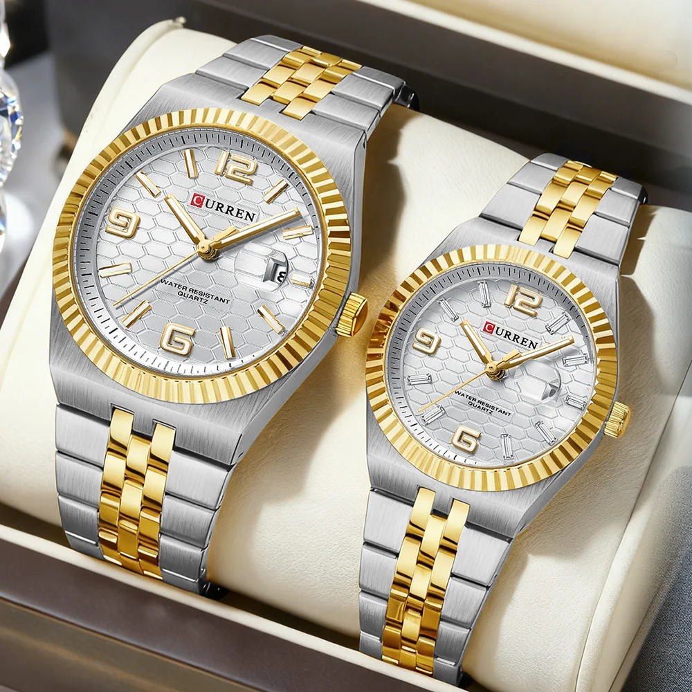 CURREN Watches for Women Simple Casual Student Fashion Quartz Diamond-Encrusted Steel Band Calendar Gold Set Men's Watch Couple