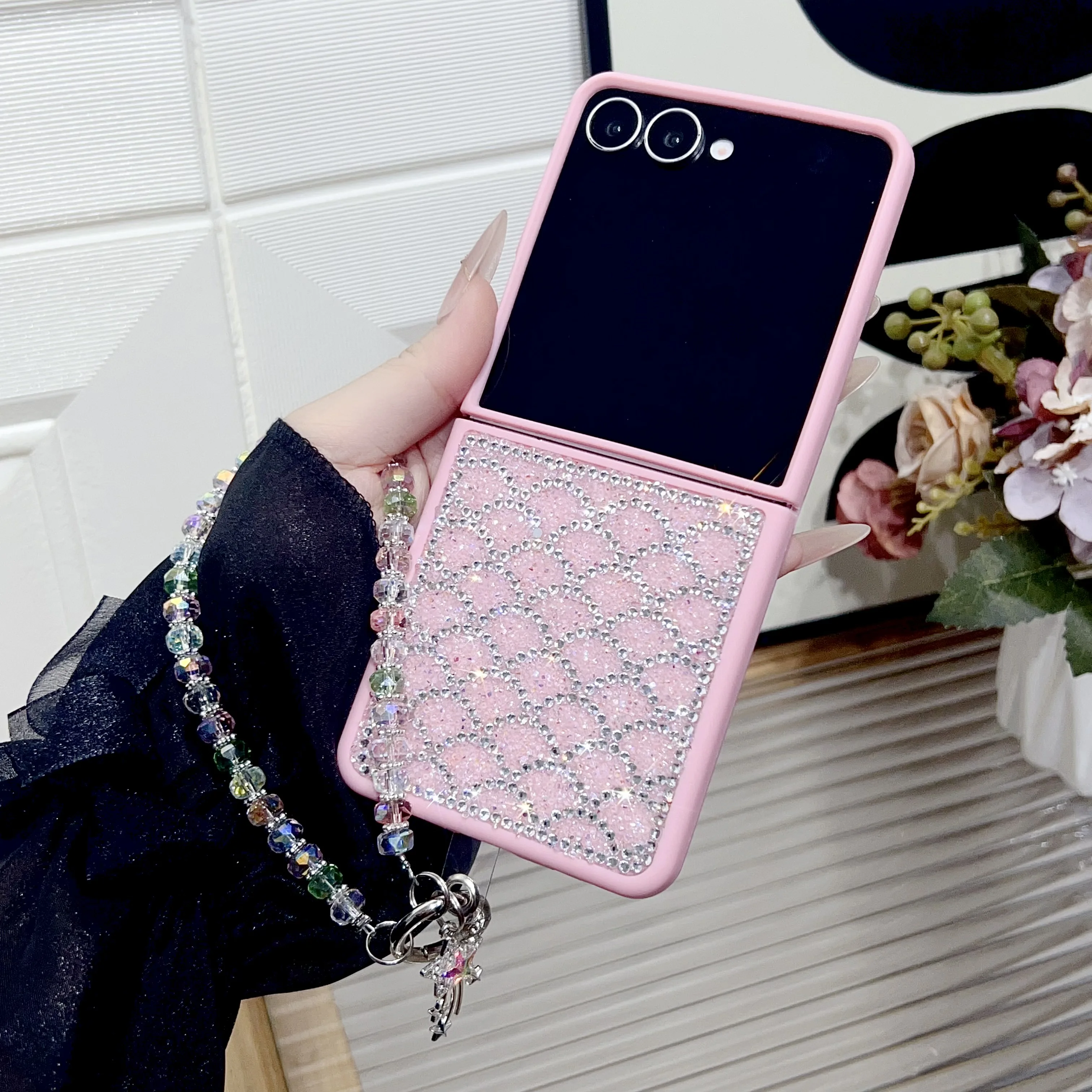 Luxus Mode Diamant Skala Perle Handgelenk Kette Telefon Fall Abdeckung Für Samsung Galaxy Z Flip 3 4 5 6 7 F7220 Flip6