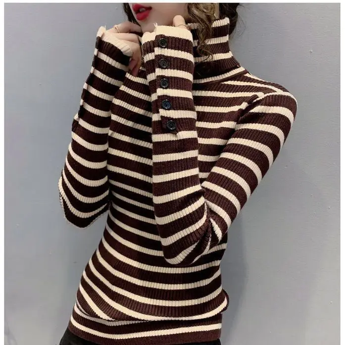 High Neck Knitted Sweater with Striped Base Women's Stylish Interior New Fashionable Soft and Sticky Sweater Top