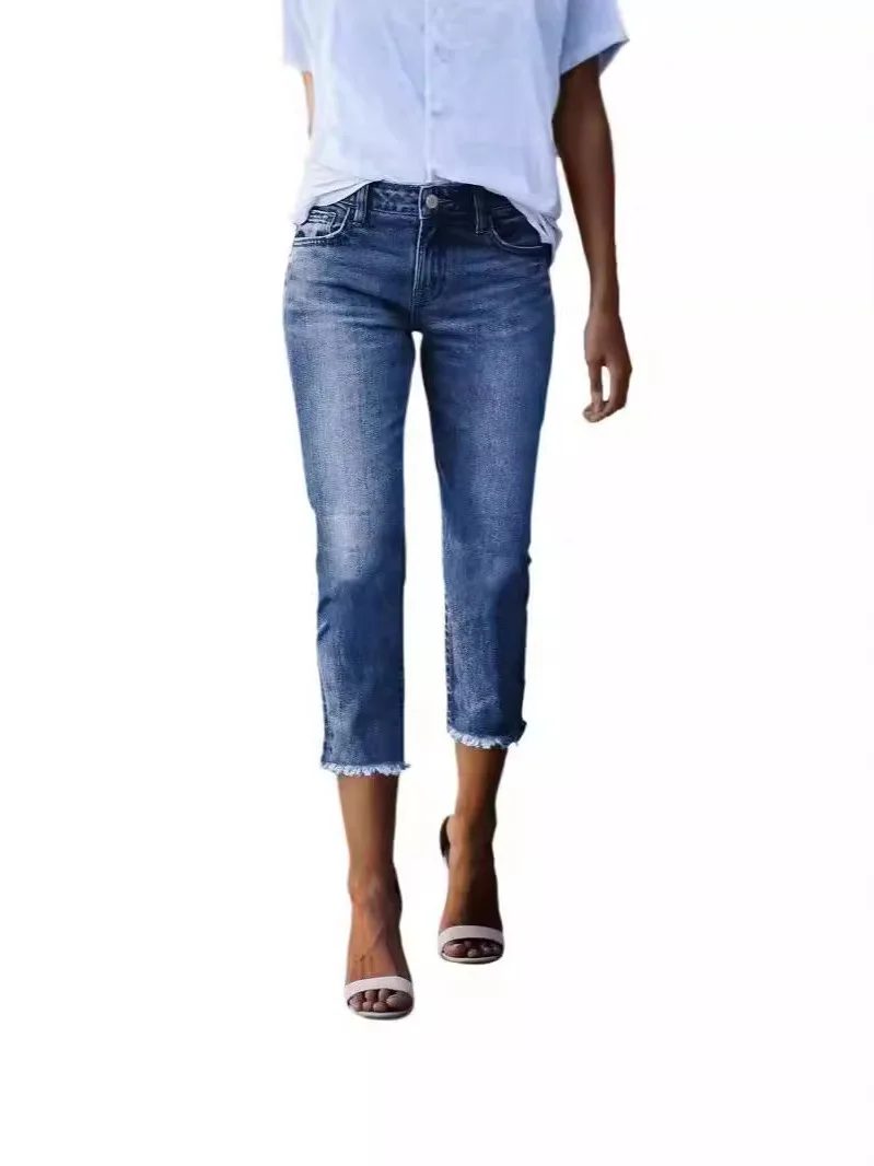 2025 سليم صالح لون نقي زر السراويل الطويلة الشارع جينز نسائي غير رسمي منتصف تمتد مرونة الخصر موسم الصيف