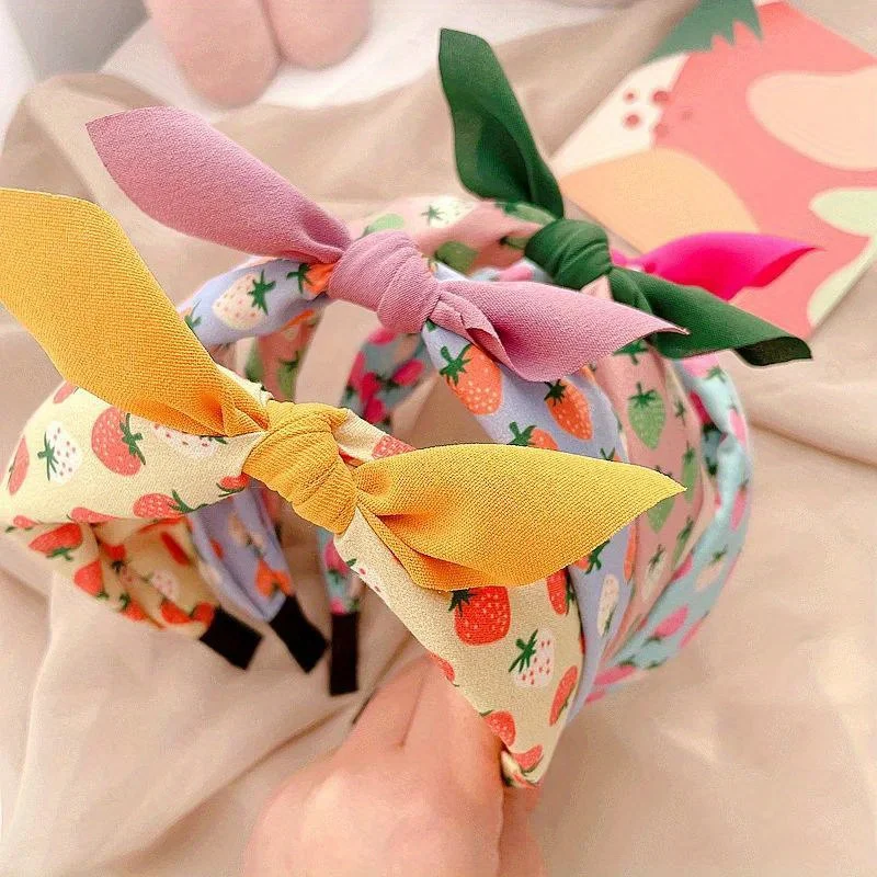 Print Fruit Bowknot Hairband Strawberry Headband for Women Girls Korean Wide Hair Hoop Fabric Headwear Daily Hair Accessories