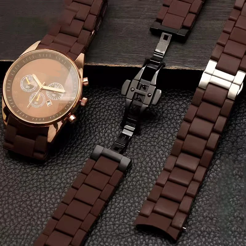 منحنى نهاية حزام (استيك) ساعة ل أرماني سيليكون الفولاذ المقاوم للصدأ سوار AR5905 5890 5919 5906 5891 5920 20 مللي متر 23 مللي متر حزام أسود بني