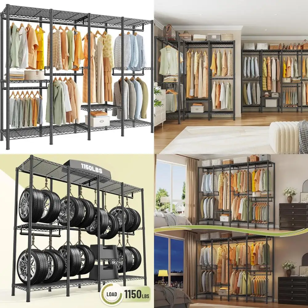 

Heavy-Duty Adjustable Hanging Clothes Rack with Shelves, 76W x 77H x 18D, Max Load 1150lbs, Black, Ideal for Home and Commercial