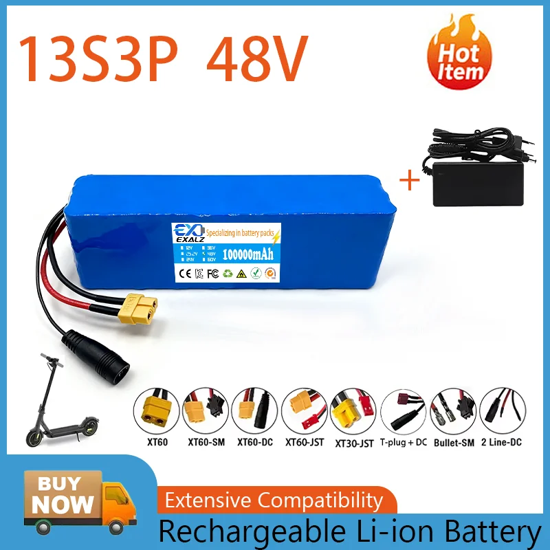 13S3P 48V 100Ah E-Bike Battery Pack - 1000W 30A BMS Protected with Charger for Electric Scooter and E-Bike CE/FCC Certified