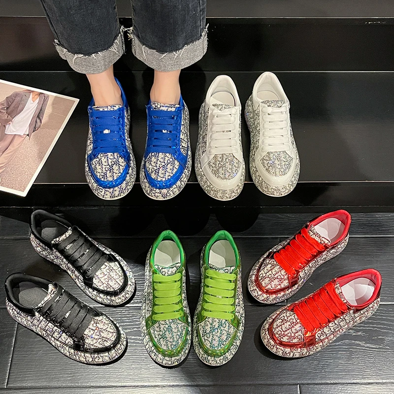 New Spring Women Sneakers Fashion Rhinestones Thick Sole Sports Shoes for Youth Shoes Crystal Silver Platform Sneakers Lace-up