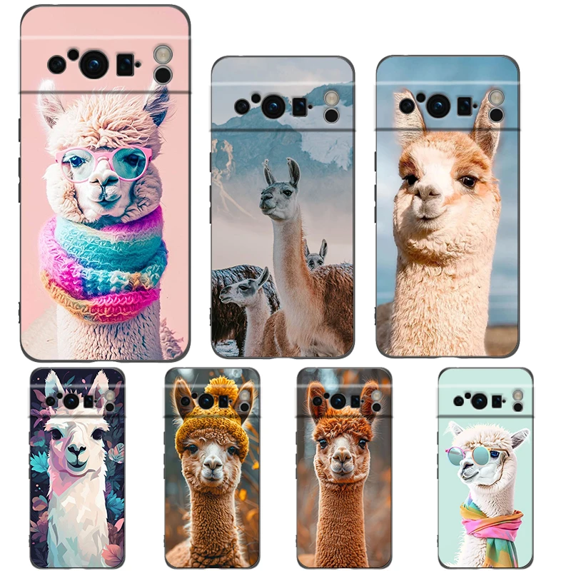 Phone Case For Google Pixel 9 8 8A 7 7A 6 Pro XL 6A 5G Black Soft Shockproof Back Cover TPU Shell Kawaii Alpaca lovely