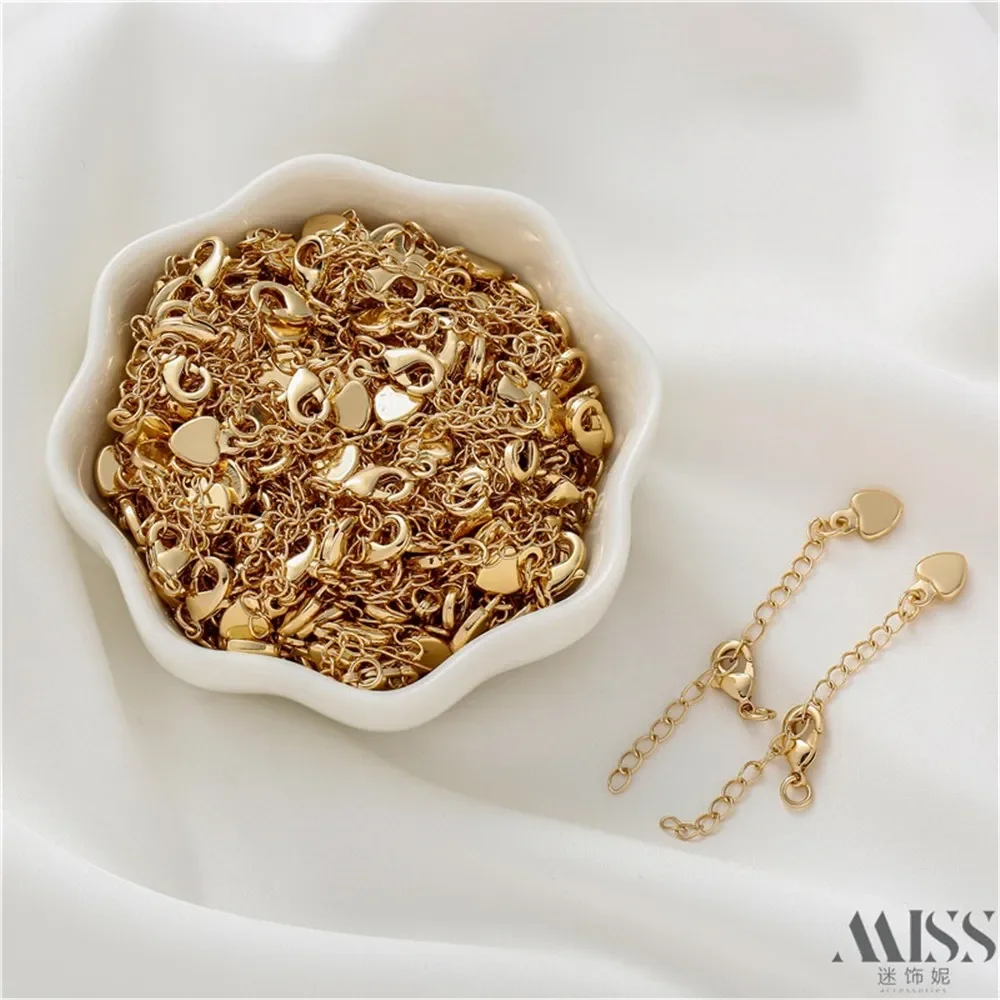 

14K Gold Heart Tail Chain Lobster Buckle Love Extension Chain DIY Handmade Bracelet Necklace Jewelry Accessories Material