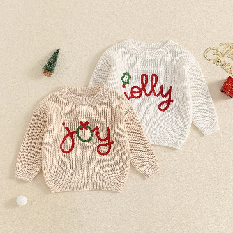 Pull à Manches sulfet Col Ras du Cou pour Enfant Garçon et Fille, Chandail Chaud avec Lettres Brodées, pour Noël