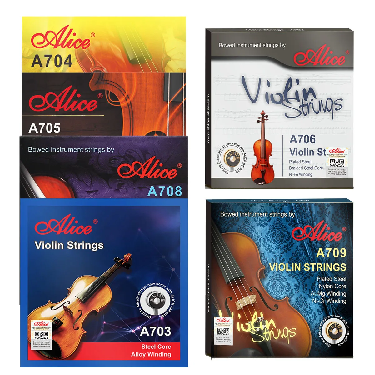 Cuerdas para Violín Alice A703/A704/A705/A706/A708/A709 - 1 Juego, Núcleo de Acero/Nylon, Cuerdas de Repuesto para Violín 4/4