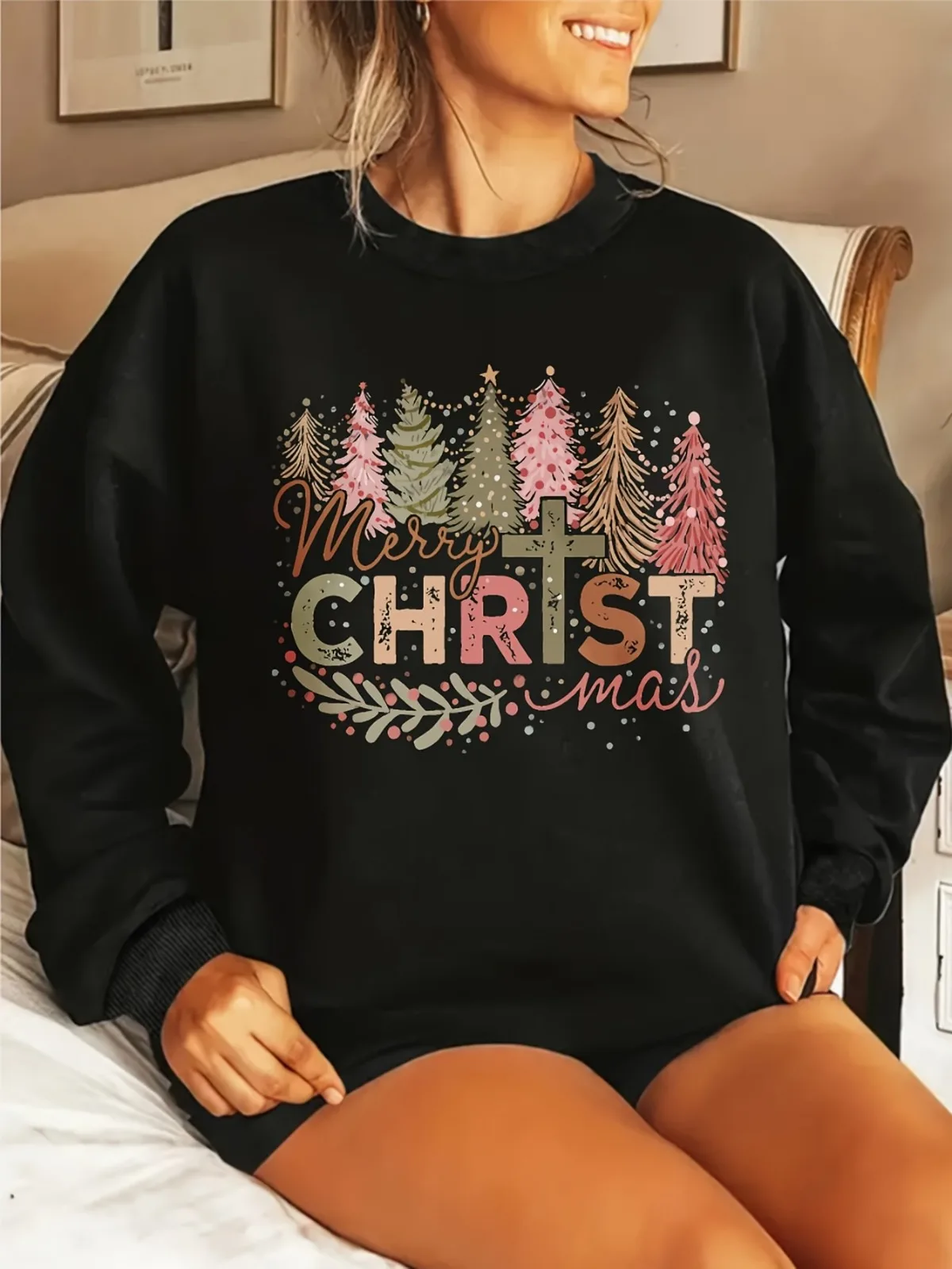 سويت شيرت نسائي كاجوال عصري من سلسلة عيد الميلاد بلوفر بنمط مطبوع مناسب لهدايا العطلات وقمصان الارتداء اليومي