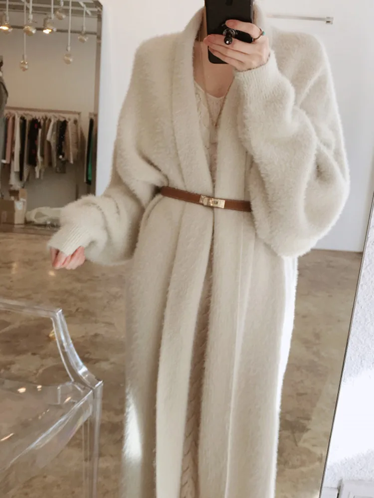 UCXQ Elegant Long Jacket Korean Style Belt Waist Cardigan Loose All Match Office Lady Warm Coat Women 2024 Autumn Winter 23A9785