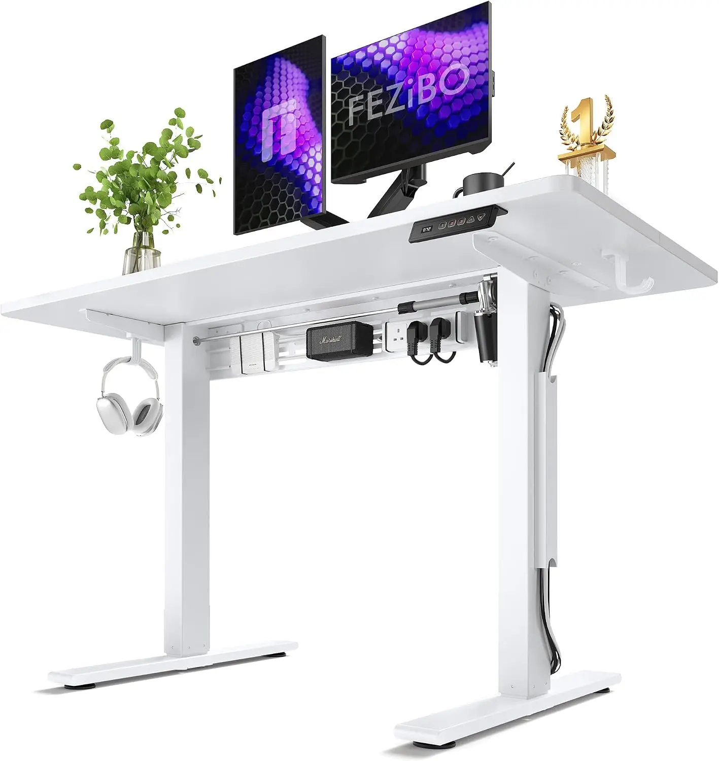 Adjustable Height Sit Stand Desk For Home Office L Shaped Crossbar Electric 48x24 Inches White Cable Management System