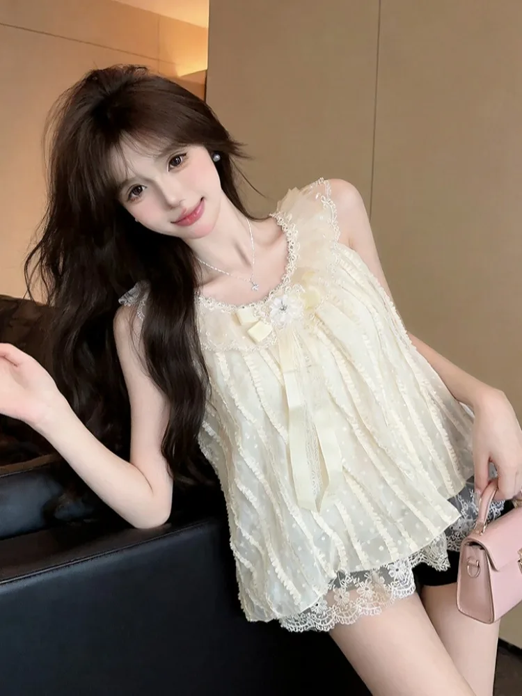 

Korean Sweet Style Lace Trim Shirt Summer New Knot Beautiful round Neck Sleeveless Top Women Fashionable Breathable