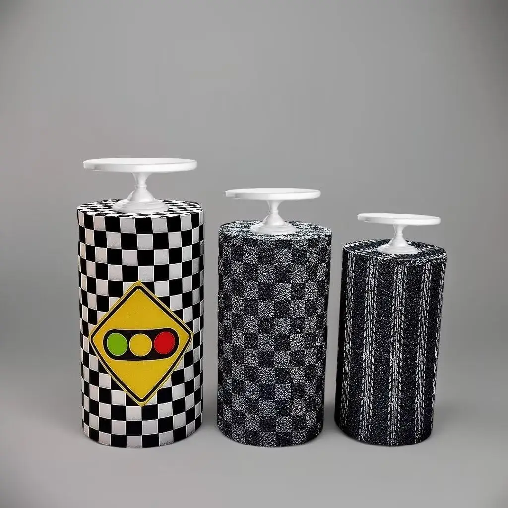 

3pcs Traffic Racing Car Theme Cylinder Table Covers Checkered Stripes Boy Birthday Cake Table Decor Stretchy Elastic Tablecloth